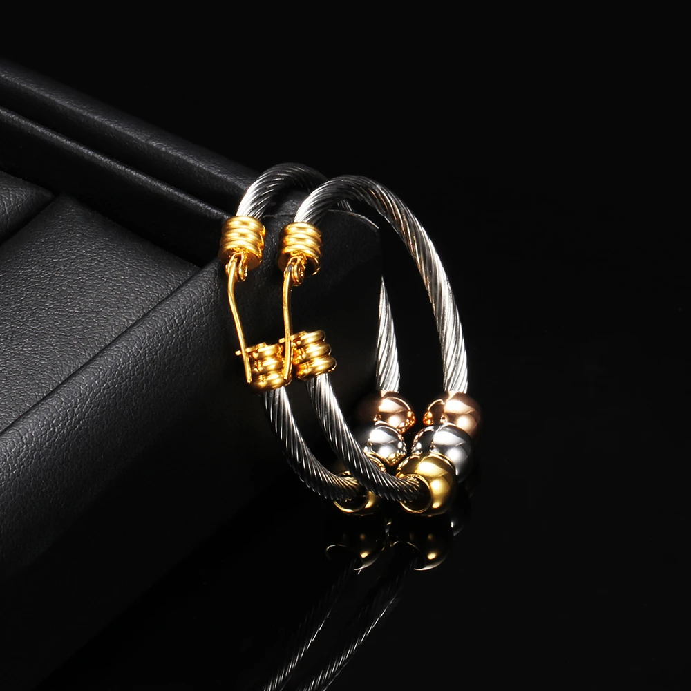 Fashion Korean Gold Color Big Hoop Earrings With Three Beads Round Circle Stainless Steel Earrings For Women Trendy Hiphop Rock