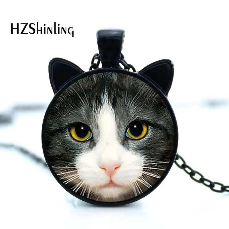 CN-00795 2017 New Black Cat Necklace Cute Cat Face Pendant Cat Ear Jewelry Glass Photo Pendant Necklace HZ2