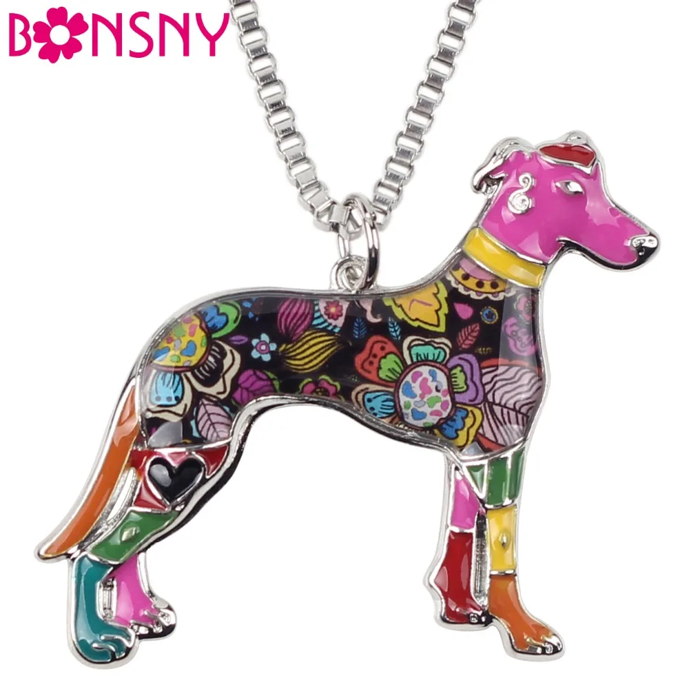 

Bonsny Enamel Alloy Floral Greyhound Greadog Dog Necklace Pendant Chain Collar Fashion Jewelry For Women Girls Gift Accessories