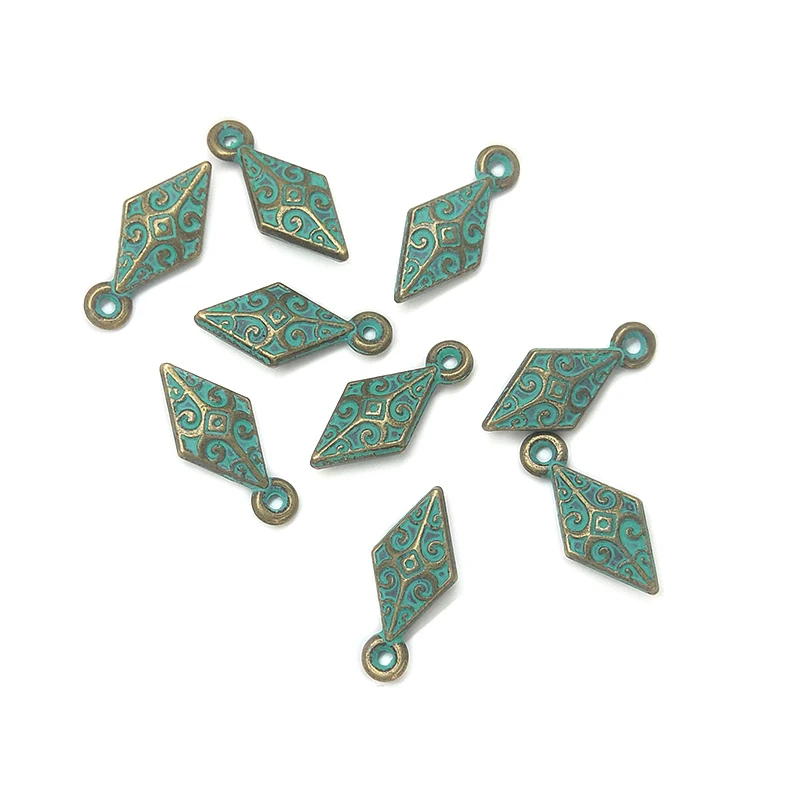 2021 New Fashion 20pcs/bag 16*8MM Zinc Alloy Antique Green Metal Rhombus Charms Pendants for DIY Earring Jewelry Accessories