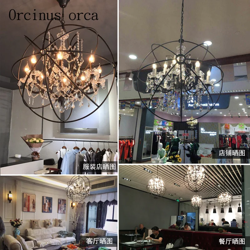 American style retro industrial wind European restaurant lamp clothing shop iron birdcage  crystal  Chandelier