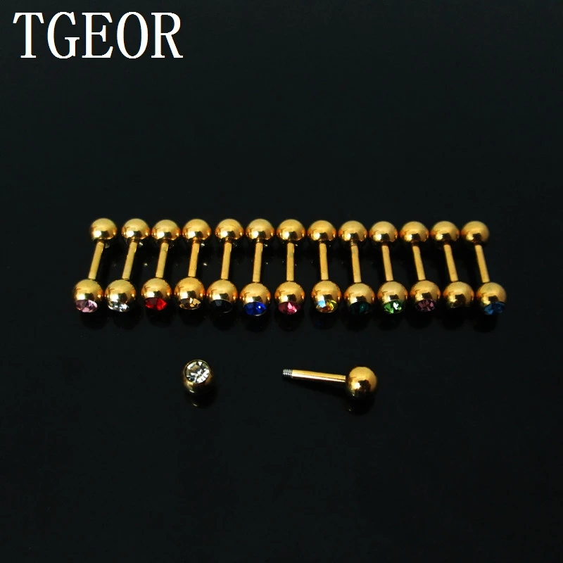 New arrival 1 Pair 1.2*6*4/4mm surgical Stainless Steel gem crystal earring plated gold barbell tragus piercing Charm