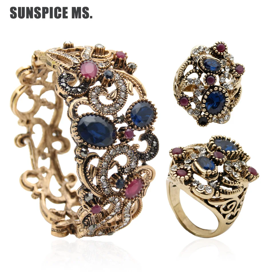 Sunspicems Bohemia Style Women Bangle Ring Sets Vintage Indian Banquet Jewelry Turkish Ethnic Bride Jewelry Sets Cuff Bracelet