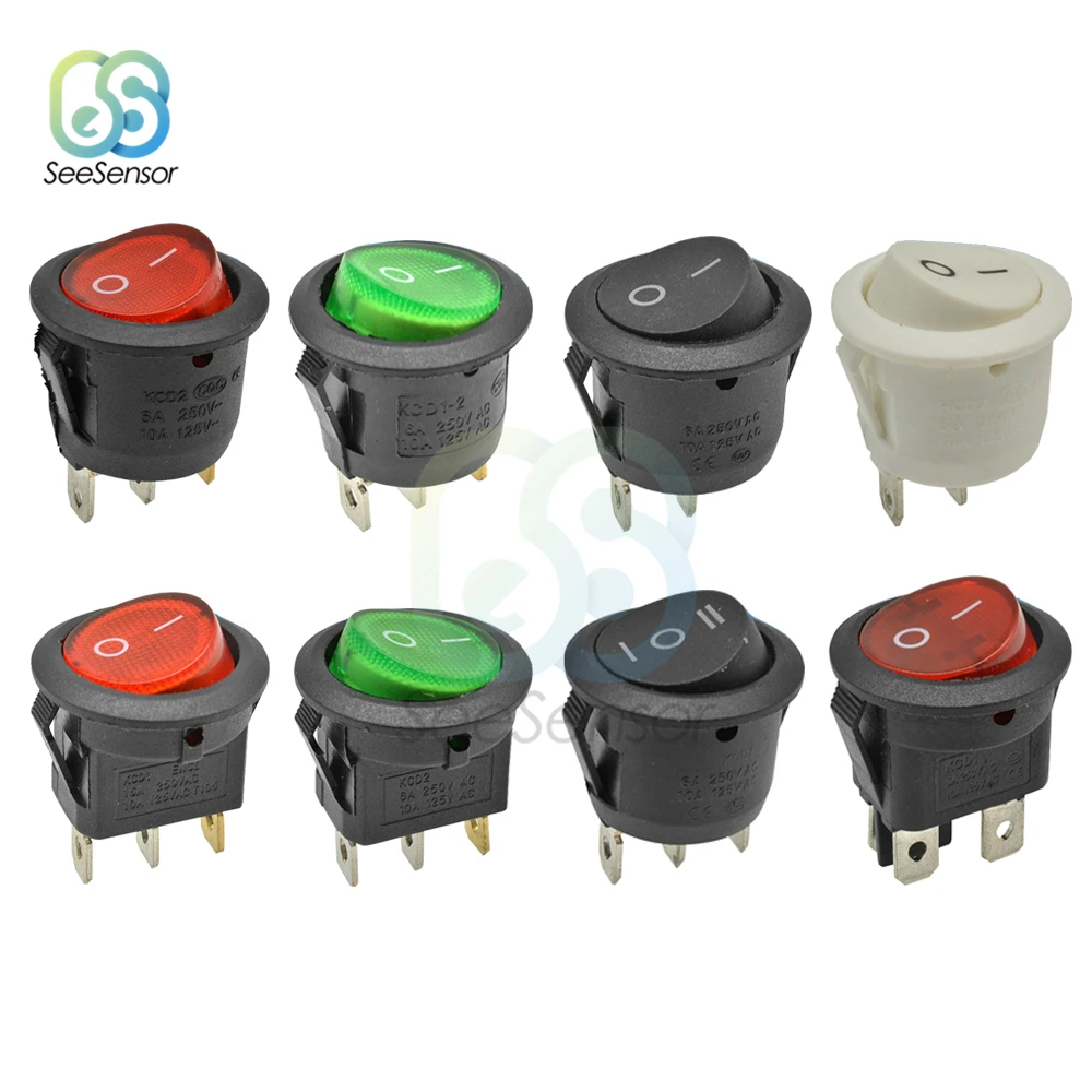 5 개/몫 20mm 미니 라운드 로커 스위치 플라스틱 푸시 버튼 스위치 6A 250VAC 10A 125VAC ON-OFF ON-OFF-ON 2Pin 3Pin