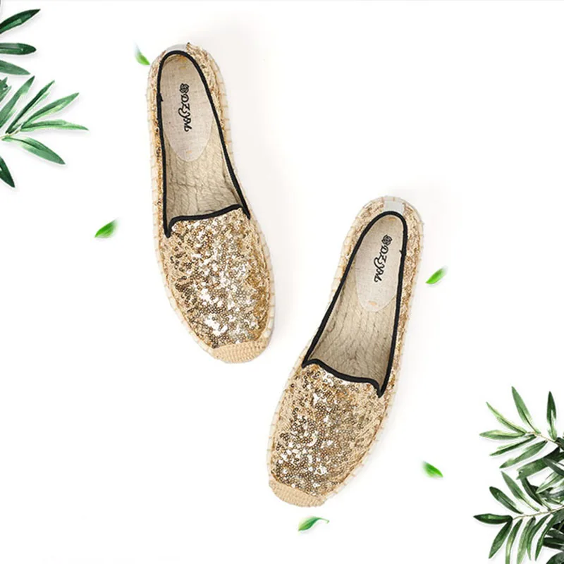 DZYM Spring Summer Sequined Cloth Women Flats Luxury Design Golden Sneakers Grass Woven Fisherman Shoes Loafers Espadrilles