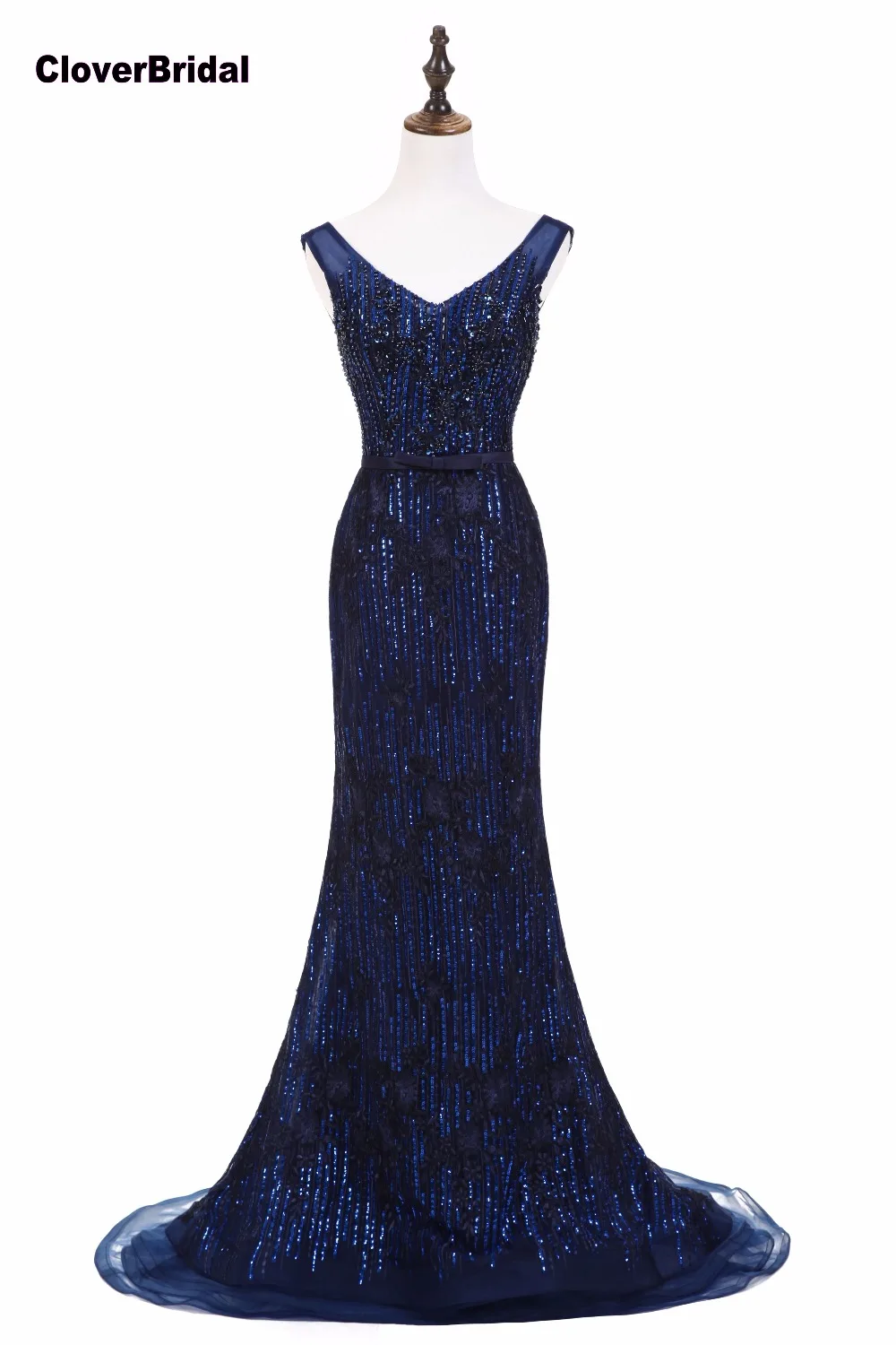 Robe de bal de forme sirène, luxueuse robe de bal, en paillettes, bleu marine, bon marché, taille 2018, 32-46, en stock, US2-US16