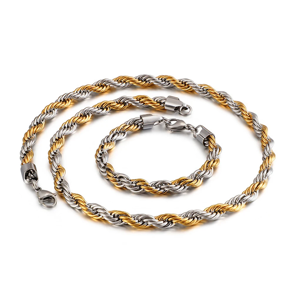 6/8mm HipHop Twisted Rope Necklace Bracelet For Men Women Gold Color Thick Stainless Steel Hippie Rock Chain Long/Choker Jewelry