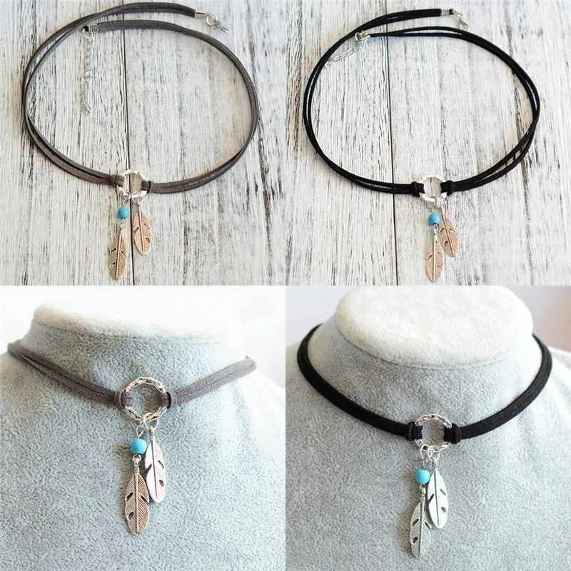 Velvet Choker Black Brown Leather Choker Necklace Antique  Color Feather Shape Charm Multilayer Chain Necklace