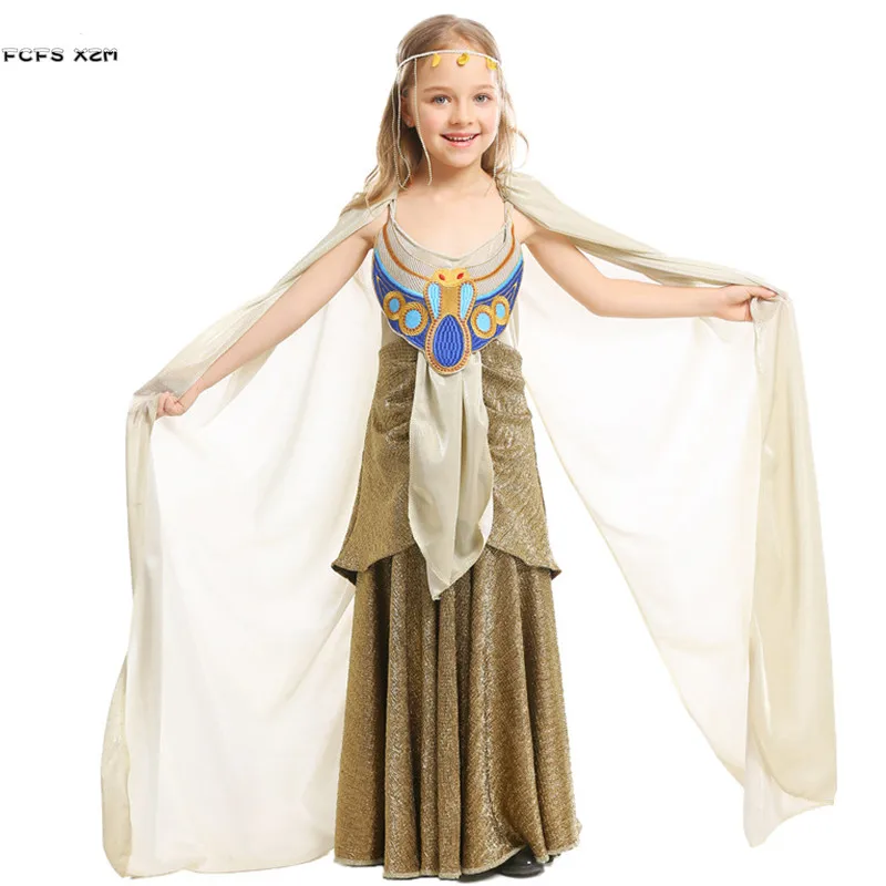 XS-L Girls Princess Queen of Egypt Cosplay Kids Children Halloween Cleopatra Costume Purim Carnival Parade Role Play Party Dress