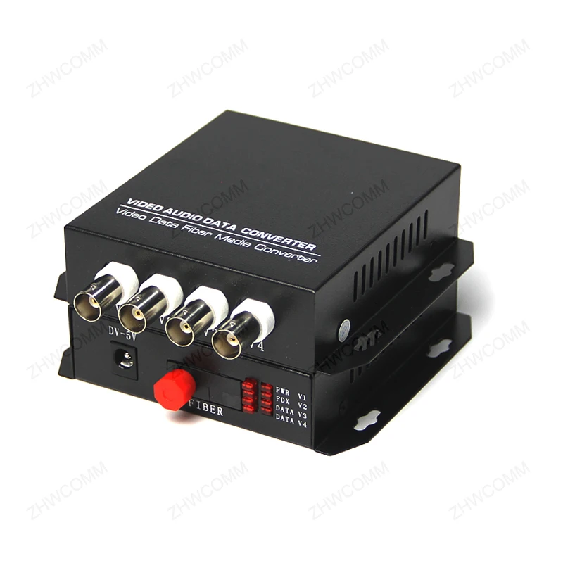 ZHWCOMM 1Pair 4V Fiber Optic Video Optical Transmitter Single mode fiber 4Channel digital fiber video audio data converter