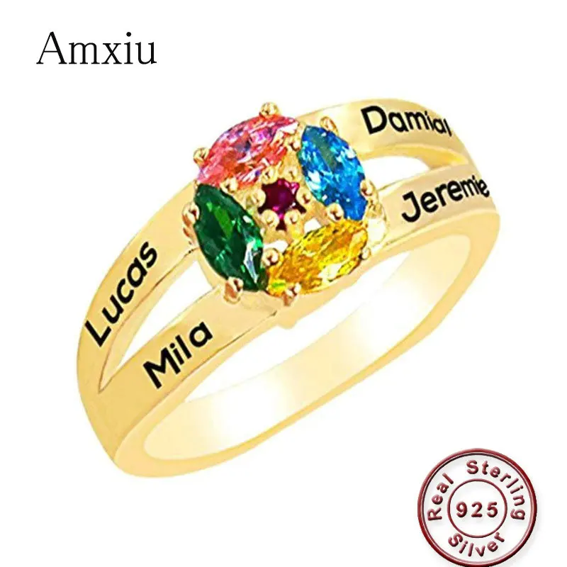 

Amxiu Custom 925 Sterling Silver Ring with Birthstones Engrave Family Name Rings For Women's Day Gift Large Zircon Rings Bijoux