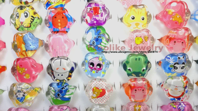 50Pcs Acrylic Rings Lovely Animation Cartoon Child Resin Rings Whole Jewelry Boys Girls Bulk Lots LR444 Free Shipping