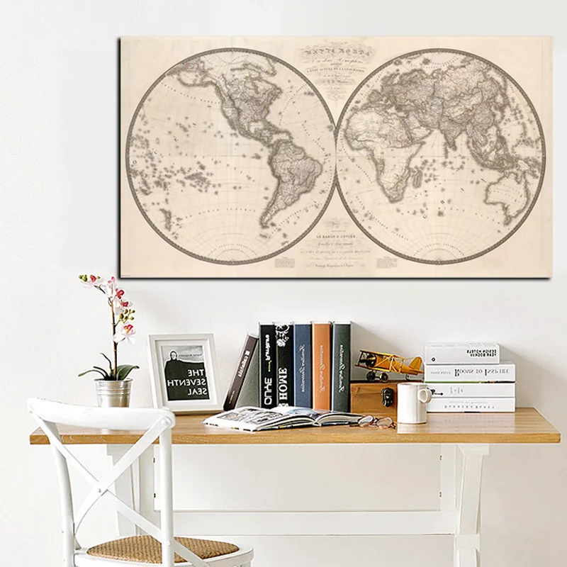 Vintage Poster Print Earth Moon World Map Painting Eastern Western Hemispheres Modern Wall Picture for Living Room Cuadros Decor