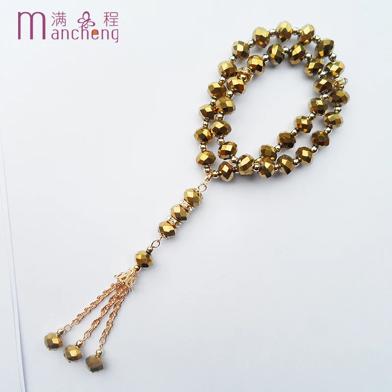 New design Gold crystal rope chain charm muslim bracelet women 2 layer Gold religious tasbih prayer beads glass beaded bracelet