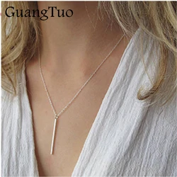 New Simple Classic Fashion Stick Pendant Necklace Chain Square Copper Collares Long Strip Charm Bar Jewelry for Women