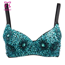 Ocean Blue Sunflower Floral Pattern Beading Sequins Sexy Bralette Push Up Bra Brassiere Top Bras For Women Belly Dance Wear