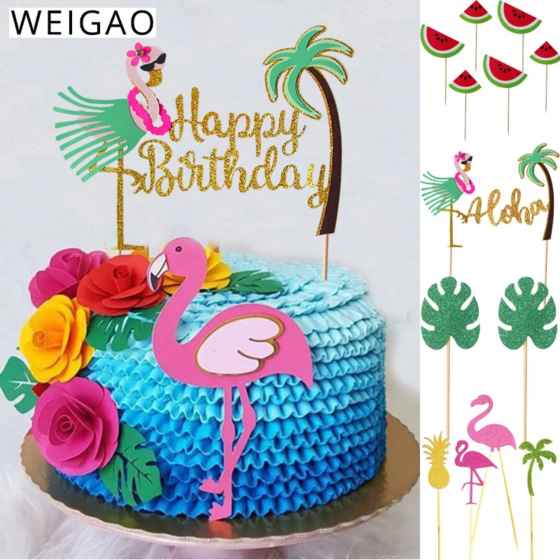 Summer Birthday Party Cake Toppers Cupcake Decor Flamingo Pineapple Aloha Cake Decorating Supplies for Tropical Hawaii Party