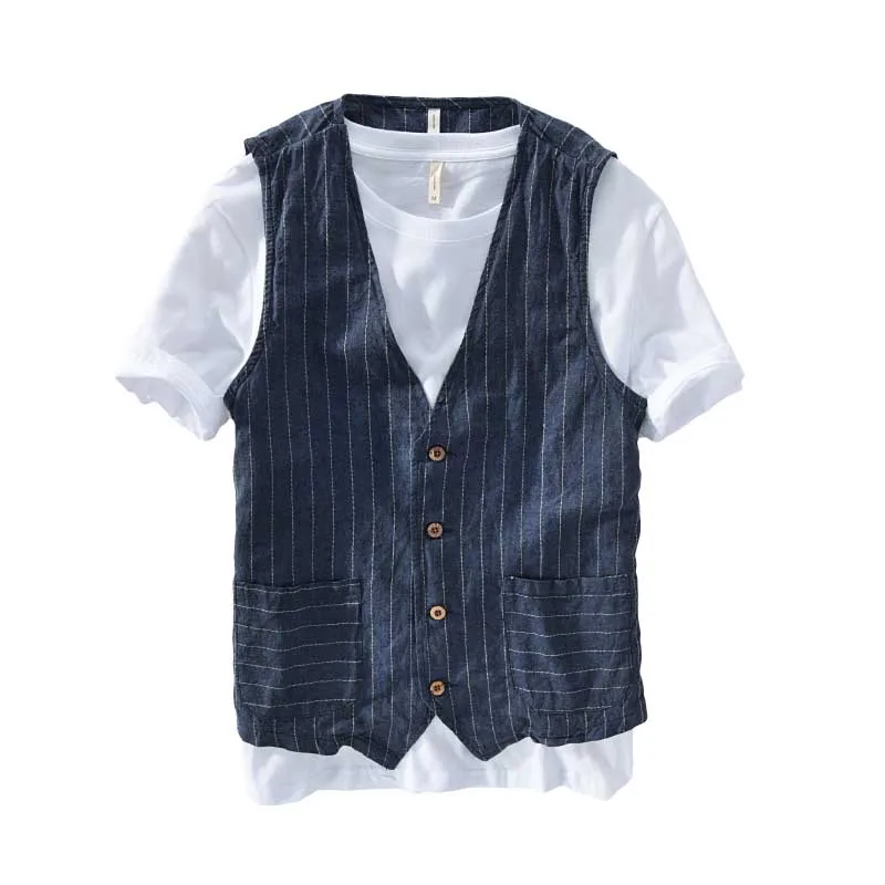 Summer Linen Slimming Vest Men Casual Thin Vest Sleeveless Jacket Stripe Waistcoat Male Clothing Plus Size S-5XL 6XL 7XL