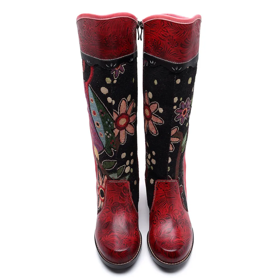 Fashion Patchwork Western Cowboy Boots Women Shoes Bohemian Genuine Leather Shoes Woman Vintage Side Zip Knee High Riding Boots