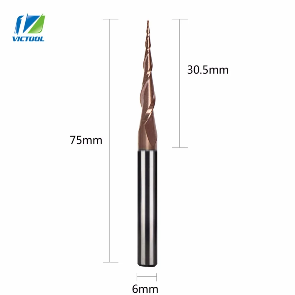 5pcs/Lot H-SI Coated R0.25*D6*30.5*75L*2F Solid Carbide 6mm Ball Nose Tapered End Mills Router Bits Taper Wood Metal Mill Cutter