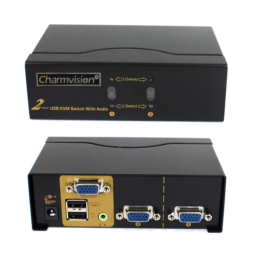 Charmvision VK201A 2 PC hosts Ports Auto USB KVM Audio Multi Computer Switcher with VGA 3.5mm Audio USB A type Keyboard Mouse