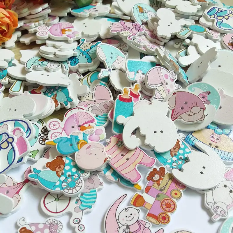 40pcs Decorative baby Buttons Lovely cartoon  Wood Buttons for Craft Sewing Scrapbooking Random mixed style 2 Holes buttons