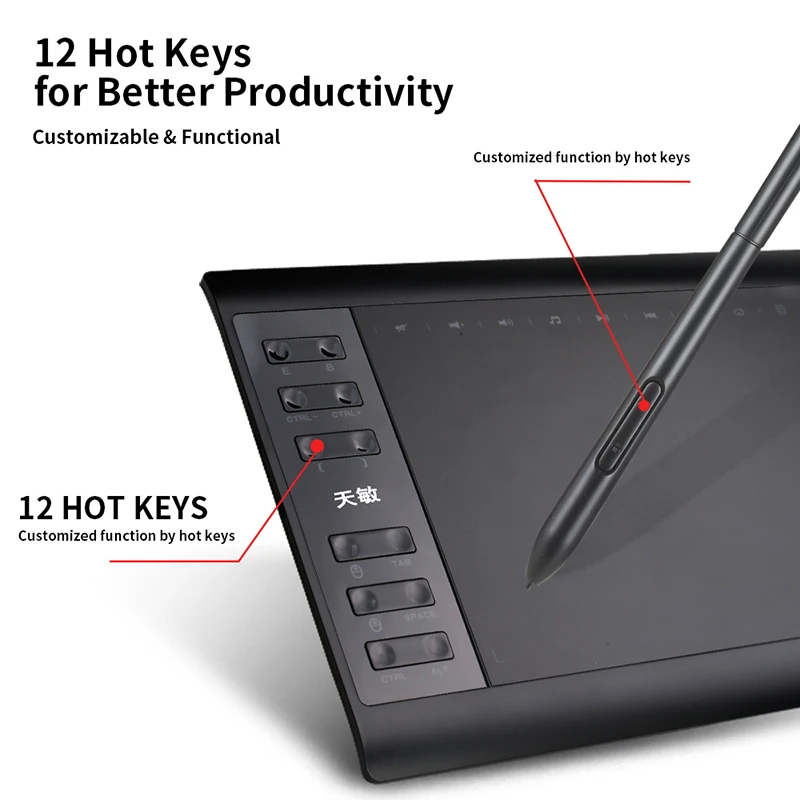 10moons 1060Plus Graphic Tablet 10x6 Inch Digital Drawing Tablet 8192 Levels Battery-Free Pen and Glove