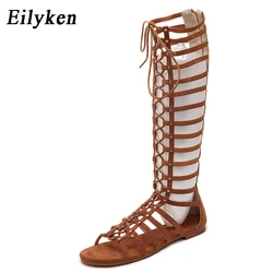 Eilyken Designer Women Sandals Strappy Open toe Knee High Summer Gladiator Flat Sandals Roman Bandage Casual Boots Shoes