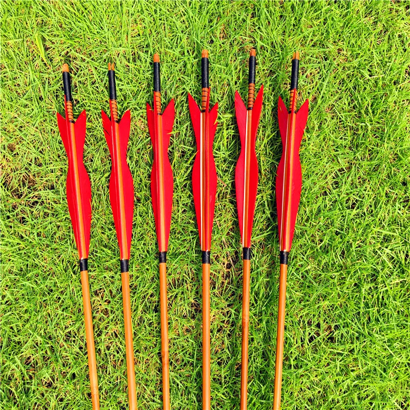 6/12/24 PCS  full red  bamboo arrows traditional archery arrows turkey feather natural material for hunting