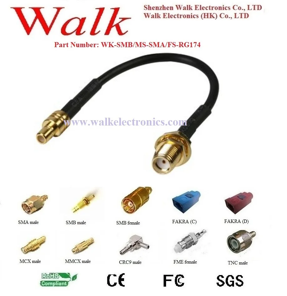 RF cable assembly / Jumper cable / Pigtails: SMB male straight to SMA female straight bulkhead with RG174 cable