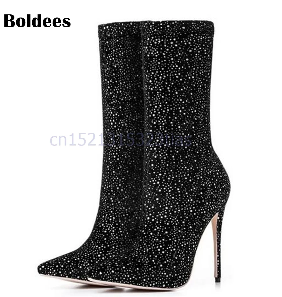 

Sexy High Heel Sock Boots Women Mid-Calf Boots Pointed Toe Sequined Stretch Newest Fashion Short Boots