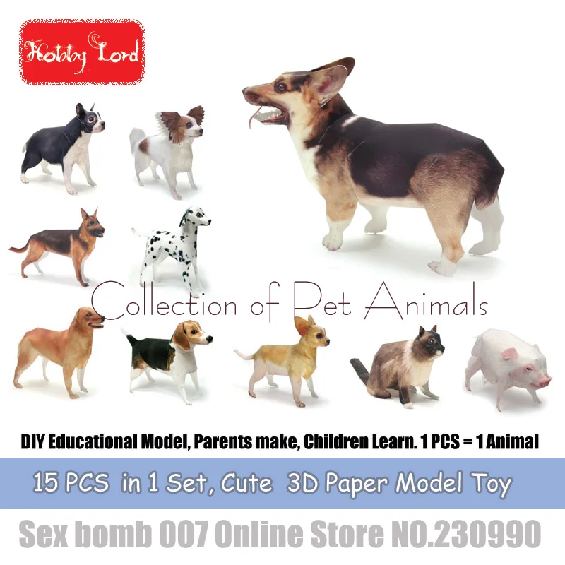 15 PCS in 1 Pets Animal 3D Paper Models puppy dog cat DIY Educational Model Toys For Kid Adult crafting class Teaching material