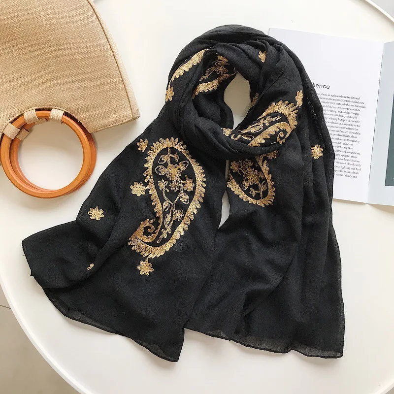 Autumn Winter Fashion Embroidered Cashew Floral Viscose Shawl Scarf From Indian Women Warm Pashmina Hijab and Wraps Muslim Sjaal