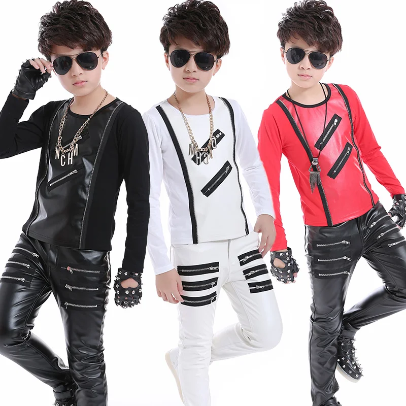 Jazz Kids Dance Costume Long Sleeved Top Leather Pants Hip Hop Set Children Street Dancing Clothes Boys Stage Outfit DNV11064