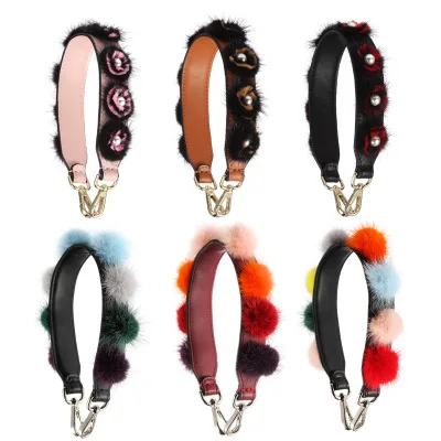 New Real fur design Winter Pom Pom Charm Bag Strap Women Bag Accessories Arrival Strap You Split Leather Handbag Straps Short