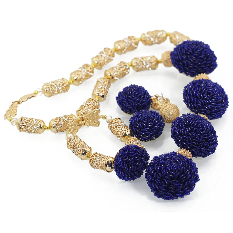 Trendy Fashion Pendant Bridal Necklace Set Exclusive Royal Blue African Wedding Beads Necklace Jewelry Set Free Shipping ABH522