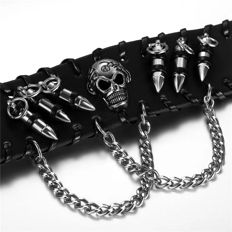 Boniskiss 2020 Punk Rock Black Men Wide Leather Bracelets Gothic Skull Cuff Bangle Skeleton/Bullet Charm Pulseiras Masculinas