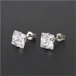 Pendientes de acero inoxidable con circonitas cuadradas para hombres y mujeres, tamaño de 3mm a 8mm, 316 L