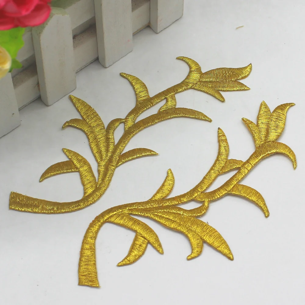 YACKALASI 10 Pairs/Lot Mirror Pair Iron On Flower Gold Embroidery Aplique Golden Metallic Patches 14cm*6cm