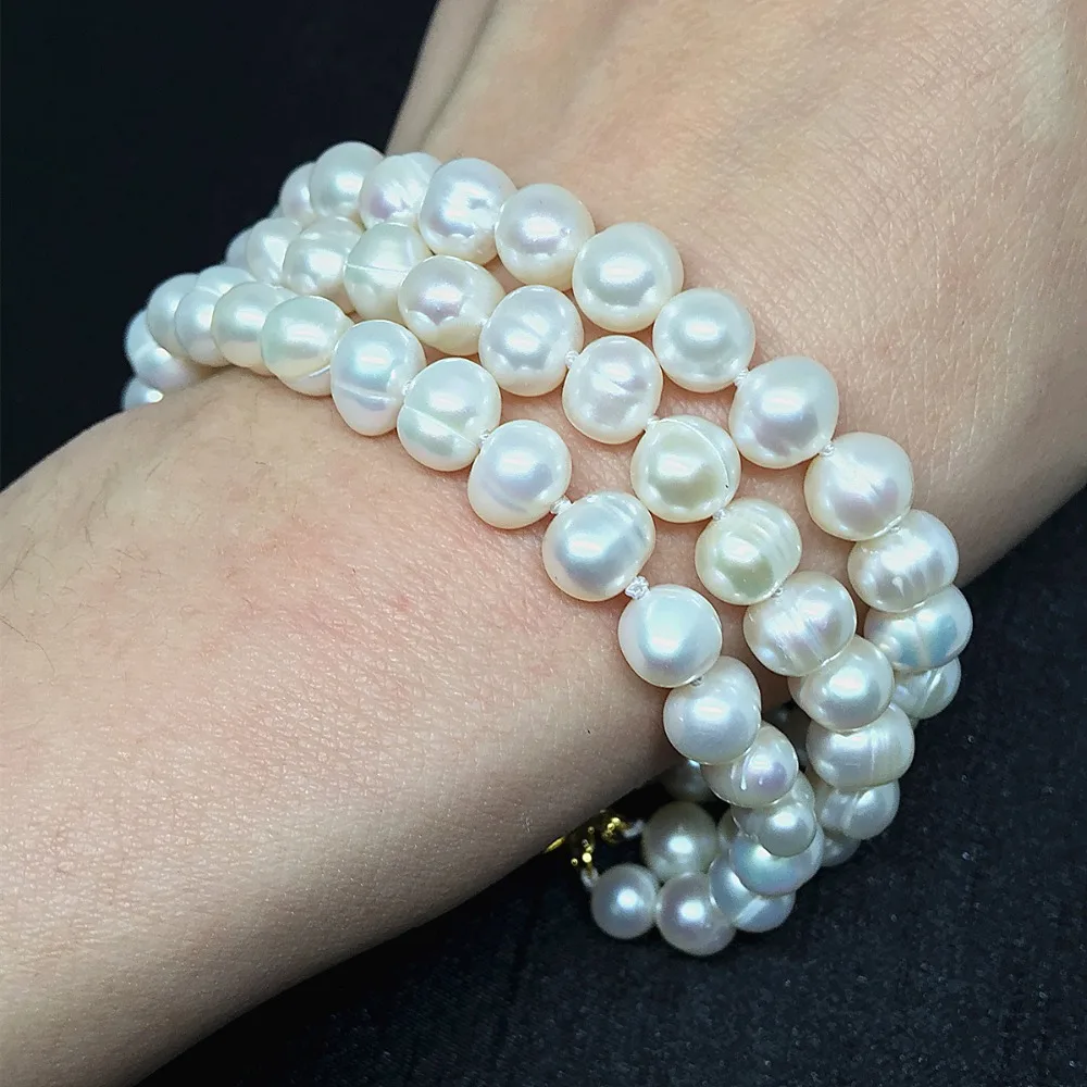 Natural white freshwater pearl round beads 7-8,8-9mm 3 rows bracelet for women gift jewelry 7.5inch B1523