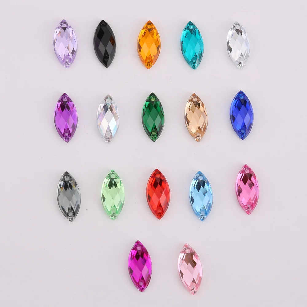 Olho de cavalo acrílico strass para costura, contas de cristal transparentes para roupas, 17 cores para escolher, 5x10mm, 7x15mm, 9x20mm