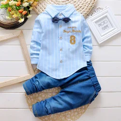 Conjunto de camisa e calça de gravata borboleta infantil, roupas jeans, roupas casuais de criança, verão infantil, roupas infantis, bebê, infantil, 2 peças, BC1219