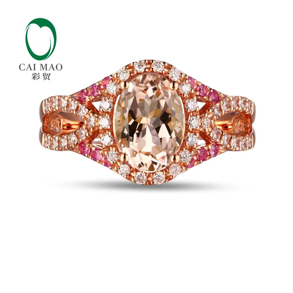 14K Rose Gold 1.42CT Oval Cut Morganite 0.32ct Diamond & Sapphires Engagement Ring Free shipping