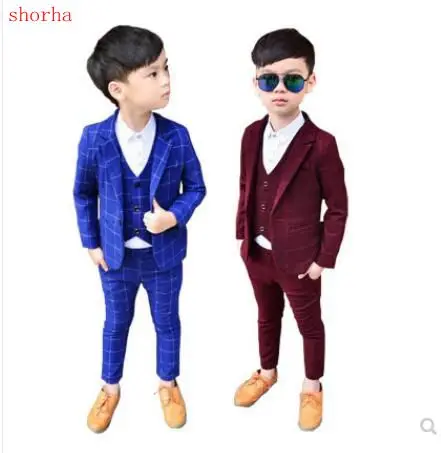 

Fashion Autumn winter 3Pcs Boys Spring Formal Wedding Vest Suit Top Quality Gentle Boys lattice Suit Children Wedding Suits