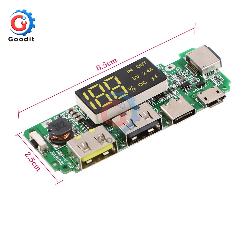 QC Fast flash LED Dual USB Micro Type C Light Power Bank 18650 lithium Charger Board Overcharge Overdischarge Circuit Protection