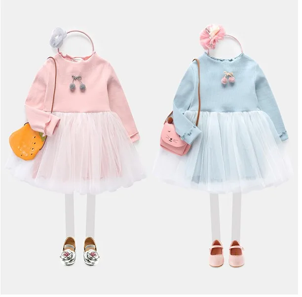 2018 spring New Girls Gauze dress cotton lace fold Solid color floral Princess Dresses fashion Children's clothing kids wholesal