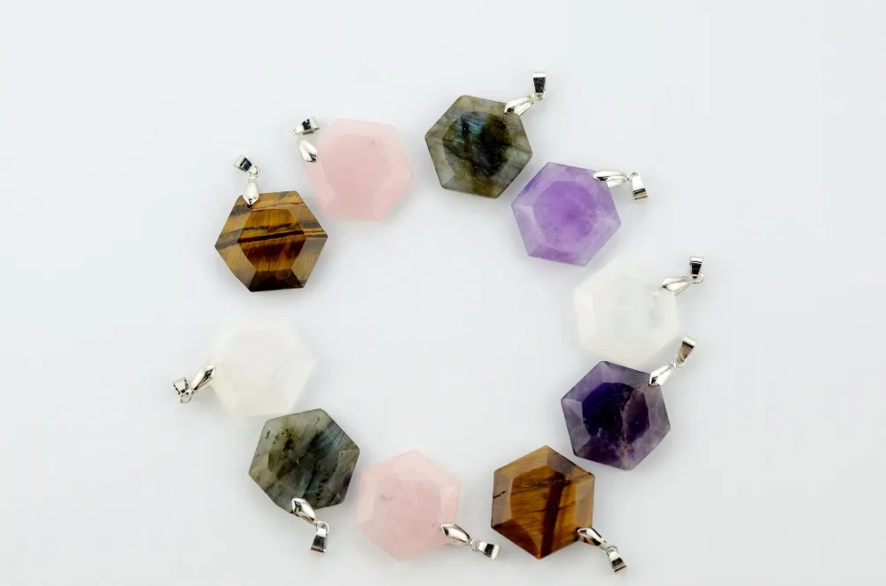 Wholesale hexagon crystal pendant, natural stone necklace with natural stone pendant