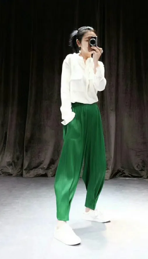 Miyake fashion  Spring and summer mid waist solid harem ankle-lenght pants  IN STOCK