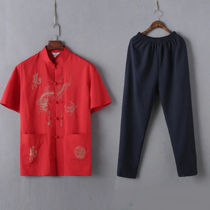 Casual Mandarin Collar Short Sleeve Shirt&Pant For Men Oriental Male Dragon Tang Suit Chinese Traditional Kung Fu Clothing