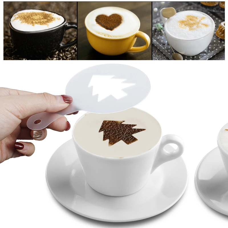 16pcs/set Coffee Latte Cappuccino Coffee Art Stencils Template Strew Flowers Pad Duster Spray for Coffee Decor Tools Accessories